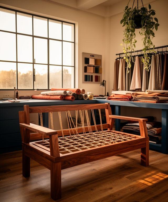 Sunlit upholstery workshop with a half-finished sofa frame