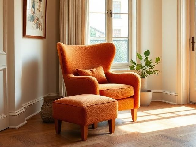 Tub-back armchair beside an ottoman