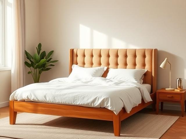 Upholstered queen bed frame in warm linen