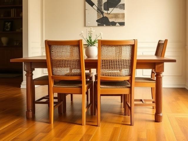Set of dining chairs in caned timber