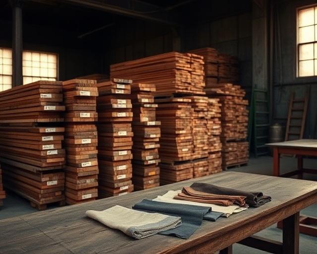 Stack of timber lengths in the materials room